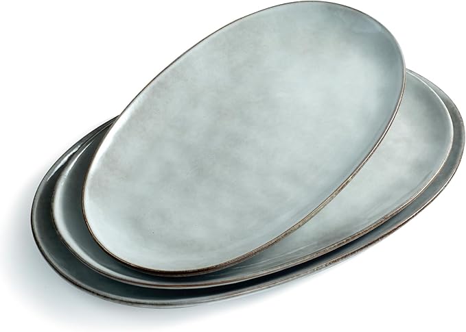 famiware Serving Platter, Oval 15.59/14.3/12.9inch Serving Dishes for Entertaining, Serving Bowls, Reactive Glaze, Stoneware Serving Trays for Party, Food, Turkey, Cheese, Ocean Series, Grey-Ruum Studio Home