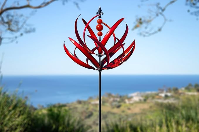 LimeHill Wind Spinner for Garden and Yard - Large Metal Kinetic Wind Sculptures for Outdoor Decor (91 Inches, Burgundy Lotus)-Ruum Studio Home