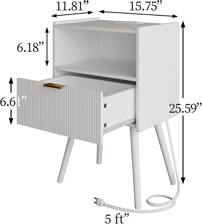Nightstand,Modern Bedside Table with Storage Drawer and Open Wood Shelf, Accent Night Stand with Solid Wood Legs for Living Room, Bedroom and Small Spaces,Easy Assembly (White-Outlet)-Ruum Studio Home