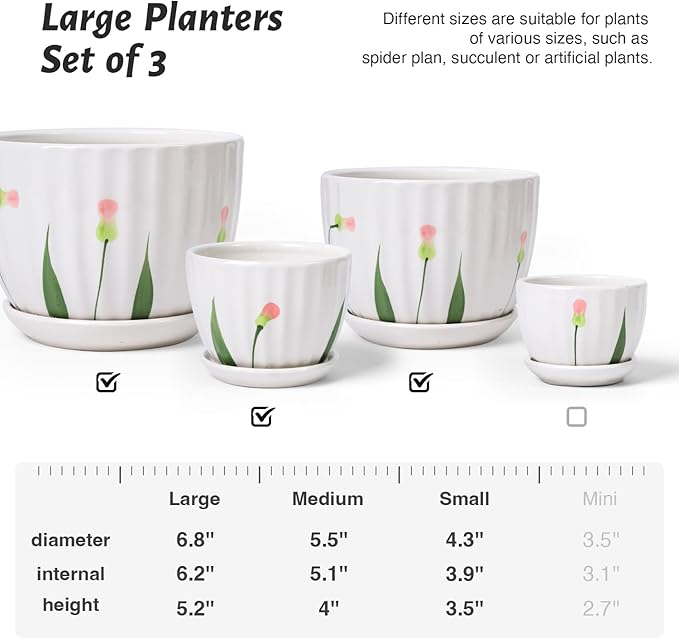 4/5/6 Inches Ceramic Plant Pots with Drainage Holes and Saucers, Round Flower Pots for Indoor Plant, Small Flower Planters Set of 3 (White Floral-Big Size)-Ruum Studio Home