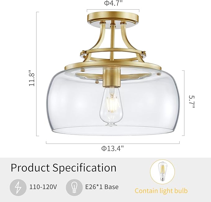 WUZUPS Chandelier Rustic Farmhouse Industrial Round Semi-flushmount Ceiling LED Light Fixture with Clear Glass Shades for Bathroom Kitchen Foyer Entryway, H 11.8" x W 13.4", E26 Base, Gold-Ruum Studio Home