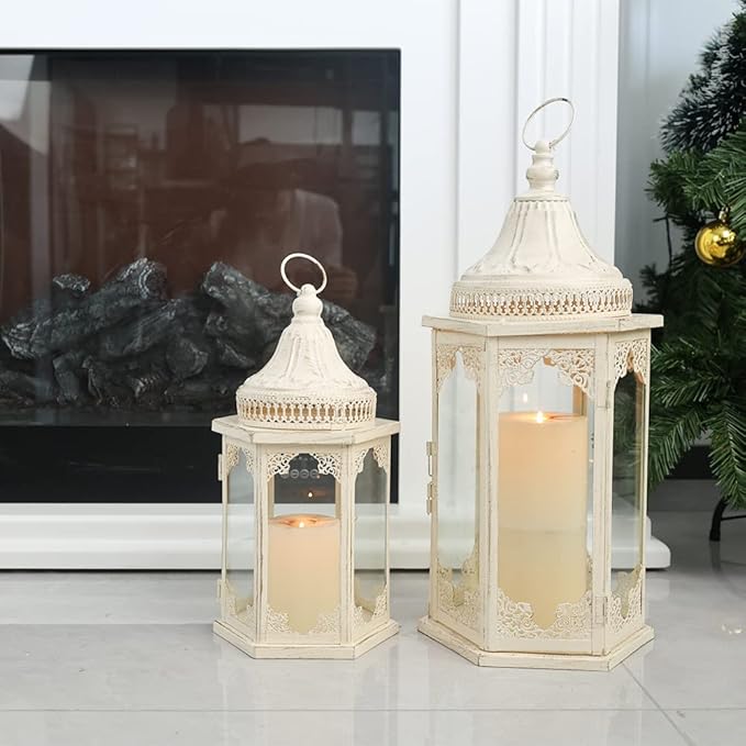 NEEDOMO Lanterns Decorative Outdoor & Indoor, Set of 2 Outdoor Lanterns for Porch,Large Candle Lantern, Beige Metal Frame with Glass for Fall, Christmas-Ruum Studio Home
