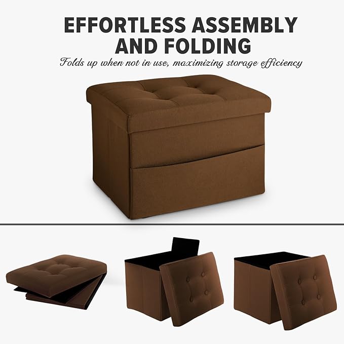 LINMAGCO Storage Ottoman Folding Foot Stool Foot Rest with Side Pocket Modern Ottoman with Storage Short Sofa Stool Linen Cloth 17x13x13(Brown)-Ruum Studio Home