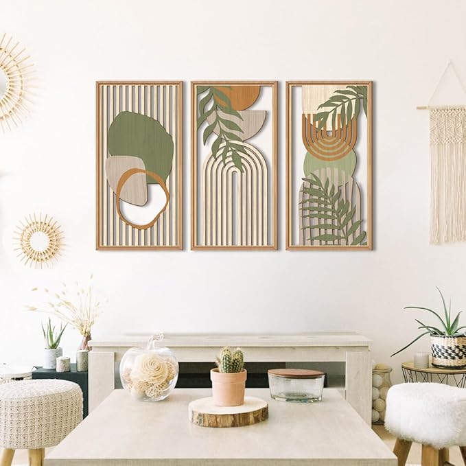 IARTTOP Large Boho Wood Wall Art Framed Mid-century Modern Wooden Wall Decor Set of 3 Green Bohemian Abstract Wall Art Decor For Bedroom Living Room Office-16 x32-Ruum Studio Home