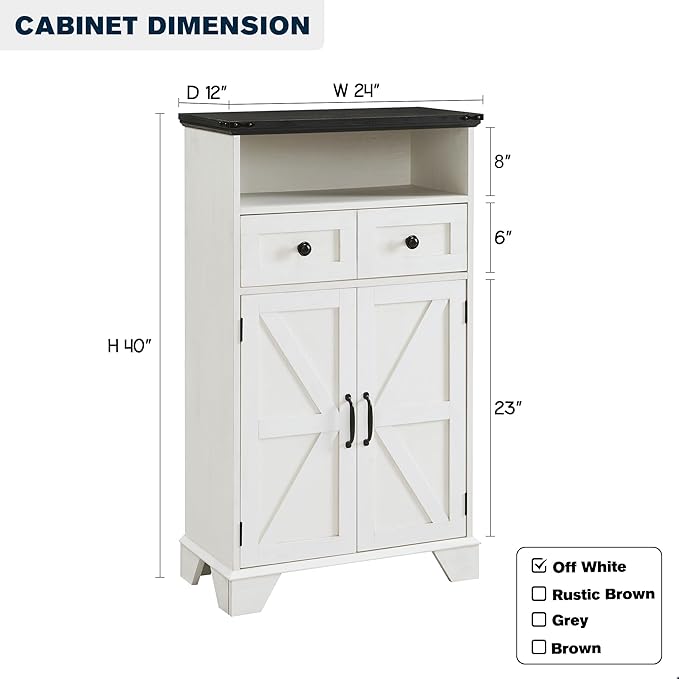 Bathroom Floor Cabinet, Farmhouse Storage Cabinet, 24" Wide Cabinet with Drawer, Adjustable Shelf, Barn Doors, Cabinets for Bathroom, Kitchen, Living Room, Off White-Ruum Studio Home