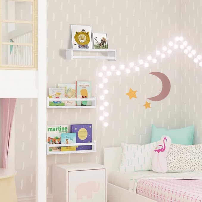 AZSKY Floating Bookshelf for Kids Room White Nursery Shelves Picture Ledge Wall Shelves for Bathroom Decor Kitchen Spice Rack Book Shelf Photo Organizer for Baby Nursery Décor 16 Inch Set of 3-Ruum Studio Home