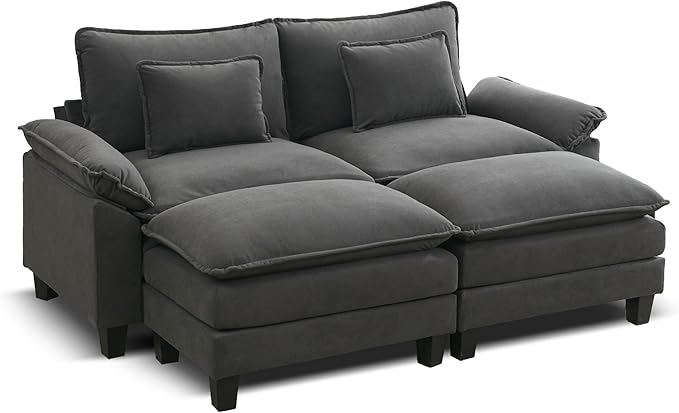 URRED Modular Sectional Sofa Comfy Cloud Couch, Modern Velvet Sofa Sleeper Deep Seat Couches with Ottoman/Pillows for Living Room (Dark Gray, 82.6''- 2 Ottomans)-Ruum Studio Home