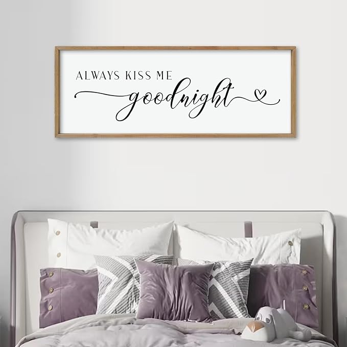 comurdyo Always Kiss Me Goodnight Sign for Bedroom Above bed Wall Decor 40''×15'' Large Wood Frame For Couples Over Bed Hanging Wall Art (Wood)-Ruum Studio Home