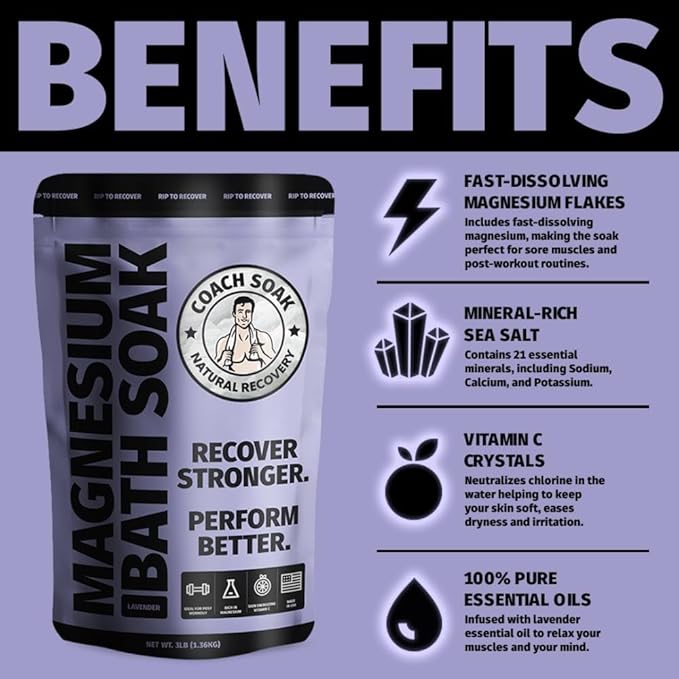 Coach Soak Recovery Bath Soak - Faster Absorption Than Epsom Salt for Pain - Rejuvenating Magnesium Flakes with 21 Minerals, Essential Oils & Bath Salts, 3lbs (Calming Lavender)-Ruum Studio Home
