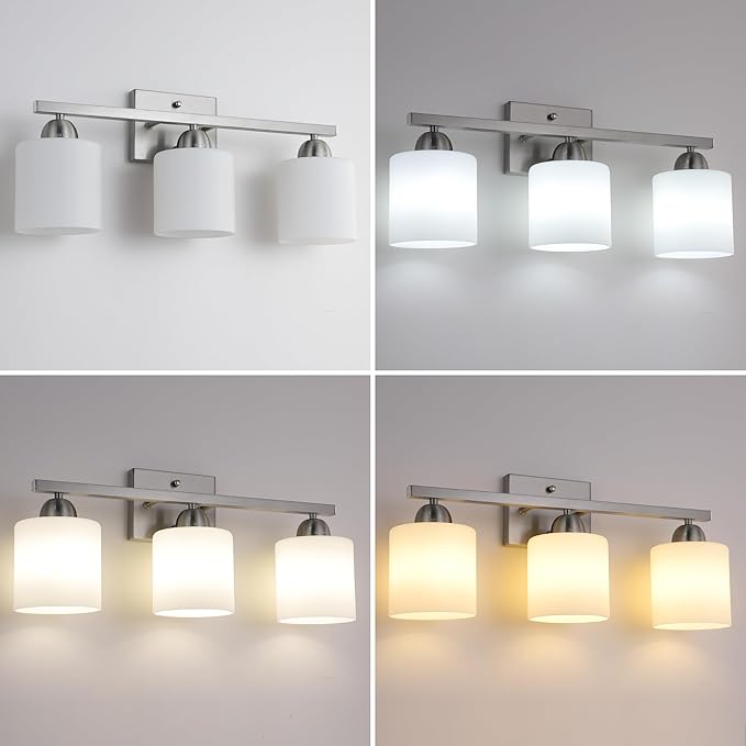 Stainless Steel Milk Glass Vanity Lights for Bathroom, 3 Light Brushed Nickel Bathroom Light Fixtures Over Mirror, Ceramic E26 Sockets Wall Mounted-Ruum Studio Home