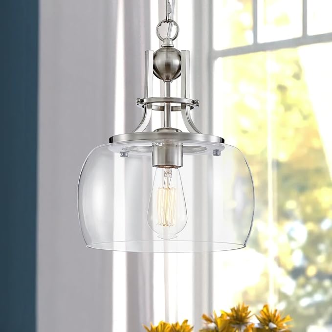 WUZUPS Chandelier Rustic Farmhouse Industrial Round Ceiling Pendant LED Light Fixture with Clear Glass Shades for Dining Room Kitchen Island Foyer Entryway, H 13" x W 10", E26 Base, Brushed Nickel-Ruum Studio Home