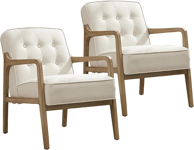 Linen Accent Chair Set of 2, Mid Century Modern Chair for Living Room, Upholstered Comfy Lounge Armchair with Solid Wood Frame, Reading Side Chair for Bedroom,105°Ergonomic Comfort, White-Ruum Studio Home