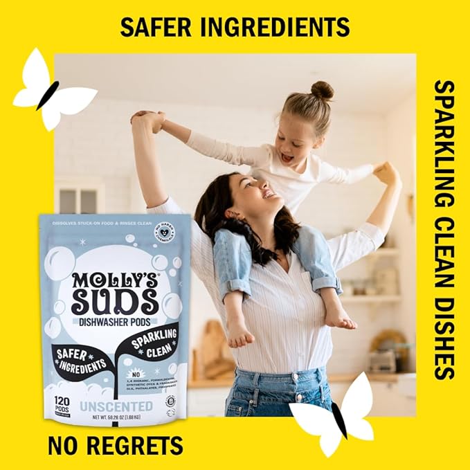 Molly's Suds Dishwasher Pods | Clean Dishwasher Detergent, Cuts Grease & Rinses Clean (Residue-Free) for Sparkling Dishes | 60 Auto-Release Tabs (Unscented)-Ruum Studio Home