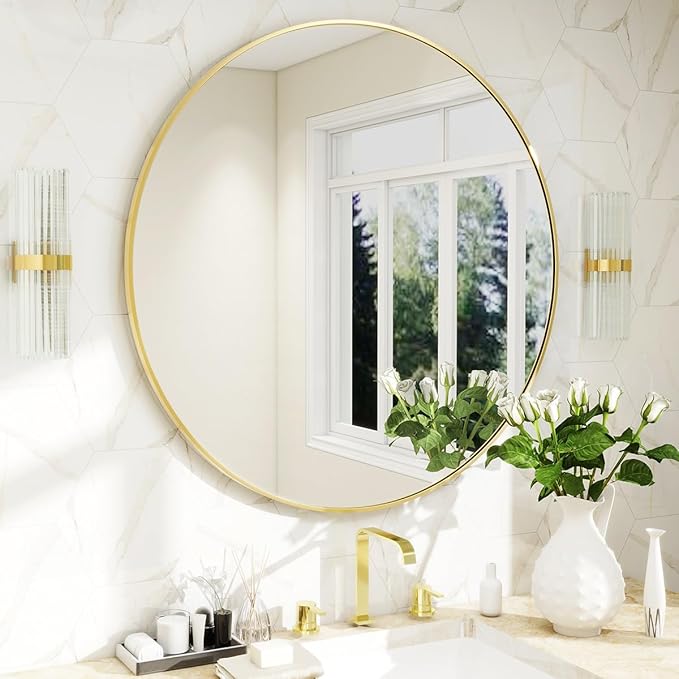 BEAUTYPEAK 20 Inch Round Mirror, Metal Frame Circle Mirror, Wall Mounted for Entryway, Bathroom, Vanity, Living Room, Gold-Ruum Studio Home
