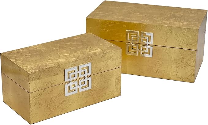 Galt International Storage Box Set Decorative Storage Box w/Hinged Lid Classic Design Wood Decor Boxes with Geometric Clasp Storage for Bedroom & Home - Set of 2 (Gold Leaf)-Ruum Studio Home