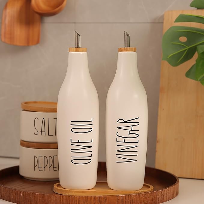 HOMCDALY Olive Oil and Vinegar Dispenser Set, 16oz Ceramic Oil Dispenser for Kitchen, Kitchen Dispenser Bottle for EVOO Vinegar Syrups, Modern Farmhouse Design | Set of 2 – P-White-Ruum Studio Home