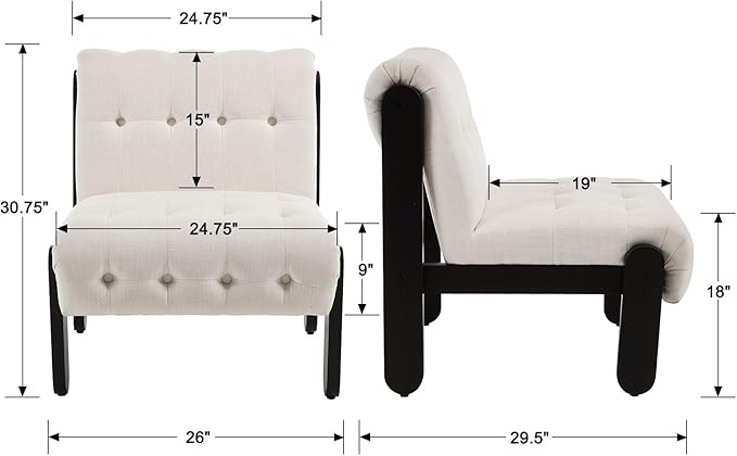 Modern Armless Accent Chair for Living Room, Beige Chenille Button Tufted Upholstered Lounge Reading Chair with Black Wood Frame-Ruum Studio Home