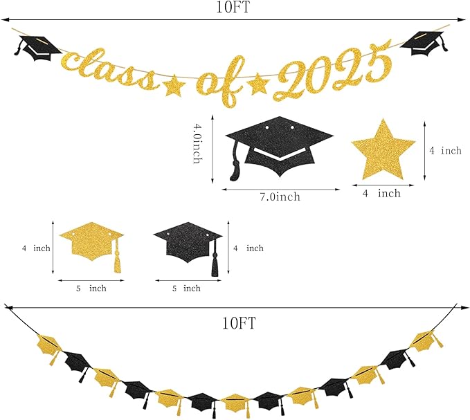 Black Gold Party-Decoration Graduation Banner - 14pcs Kits Cap Garland Streamers, Paper Tissue Pom Poms Flowers Fans Honeycomb,Class Of 2025 College High School Grad Decor Hugfond-Ruum Studio Home