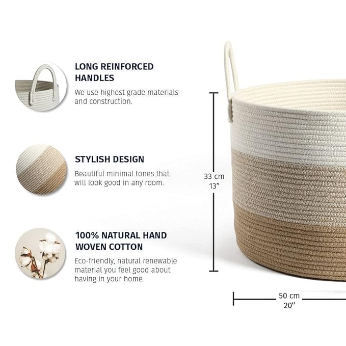 OrganiHaus Extra Large Blanket Basket for Living Room 20x13, Natural Cotton Rope Laundry Basket, Sturdy Hamper for Toy Storage, Cushions & Pillows Storage Bin, Nursery Decor Hamper - Honey-Ruum Studio Home
