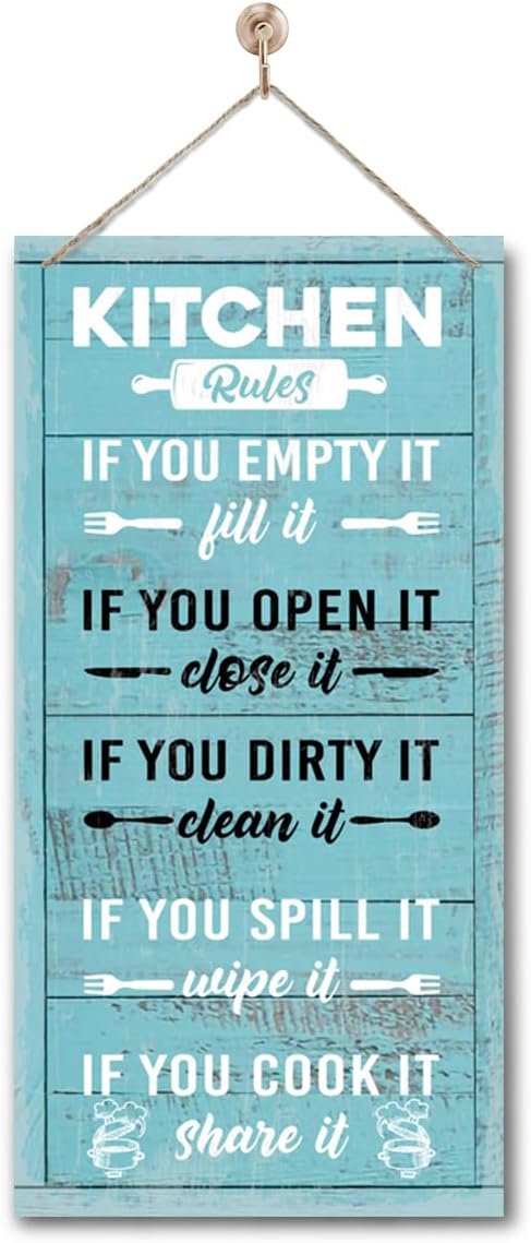 Hanging Kitchen Rules Wood Decor Sign, Rustic Kitchen Wooden Signs, Printed Wood Wall Art Sign, Kitchen Door Rules Rustic Sign, Hanging Wood Sign Kitchen Decor, Funny Farmhouse Kitchen Wall Décor G1-Ruum Studio Home