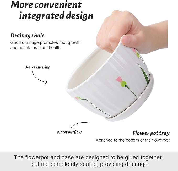 4/5/6 Inches Ceramic Plant Pots with Drainage Holes and Saucers, Round Flower Pots for Indoor Plant, Small Flower Planters Set of 3 (White Floral-Big Size)-Ruum Studio Home