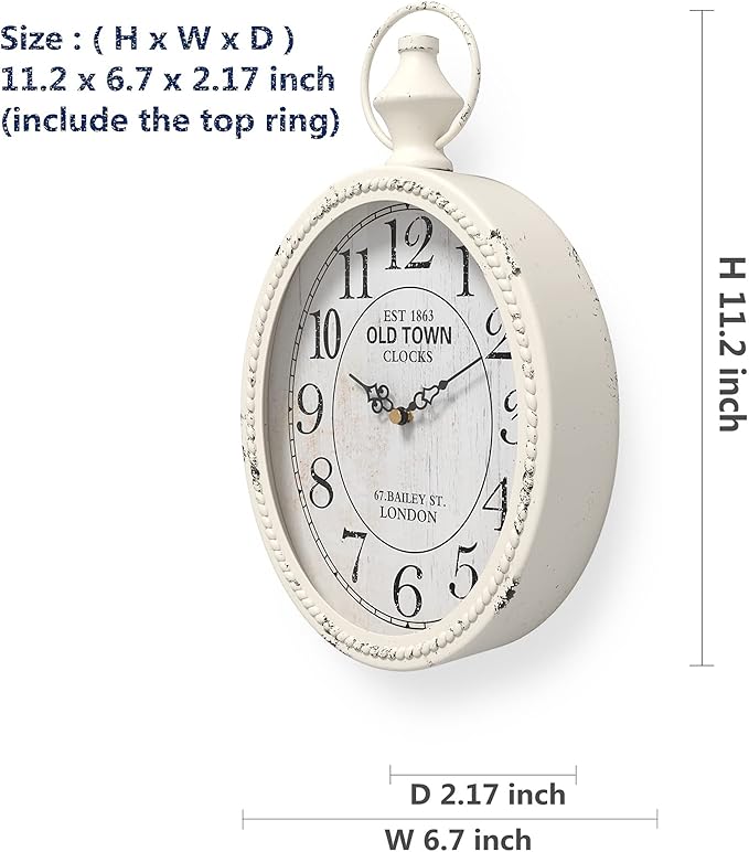 Menterry Small Retro Oval Wall Clock, Antique Old Design, White Vintage Style, Battery Operated Silent Decor Wall Clocks for Kitchen,Bedroom,Farmhouse,Bathroom (11.2" H x 6.7" W)-Ruum Studio Home