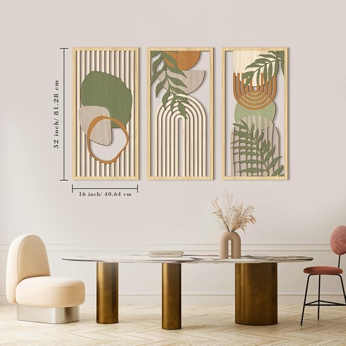 IARTTOP Boho Mid-century Modern Wood Wall Art 16x32 Inch Large Green Abstract Wood Wall Decor Mid Century Bohemian Artwork for Bedroom Living Room Office Kitchen Set of 3-Ruum Studio Home