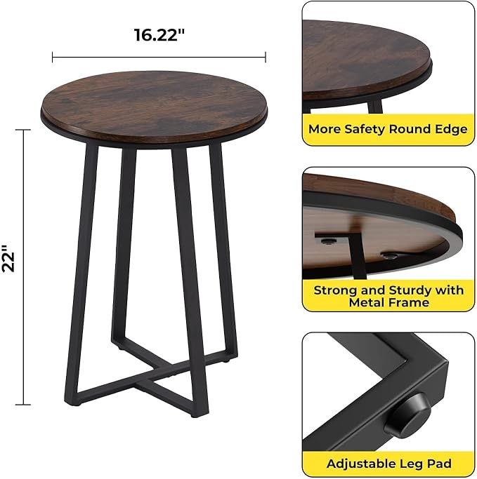Side Table, Round End Table Vintage Brown Color MDF Top, Modern Coffee End Table for Living Room, Bedroom, Nightstand with Black Steel Frame for Small Spaces-Ruum Studio Home
