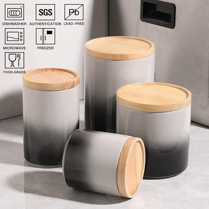 Sweejar Ceramic Food Storage Jar, Stackable Kitchen Canisters, Containers with Airtight Seal Wooden Lid for Serving Ground Coffee, Tea, Sugar, Salt and More - 28 Fl Oz (Gradient Gray)-Ruum Studio Home