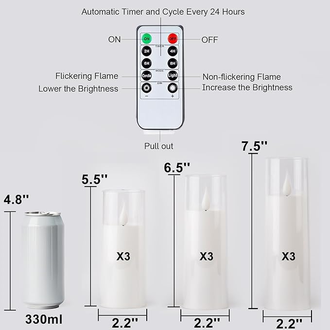 Amagic Pure White Flameless Candles, Battery Operated Candles, Acrylic Flickering LED Pillar Candles with Remote Control and Timer, 3D Wick, Yellow and Blue Glow, D2.2 xH5 6" 7", Set of 9-Ruum Studio Home