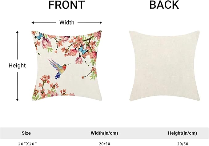 Hummingbird Flower Pillow Covers 20 x 20 Inch Set of 2 for Watercolor Floral and Birds Spring Blooming Decor Throw Pillows Nature Plant Outdoor Decorative Cushion Cases for Couch Bed Decoration-Ruum Studio Home