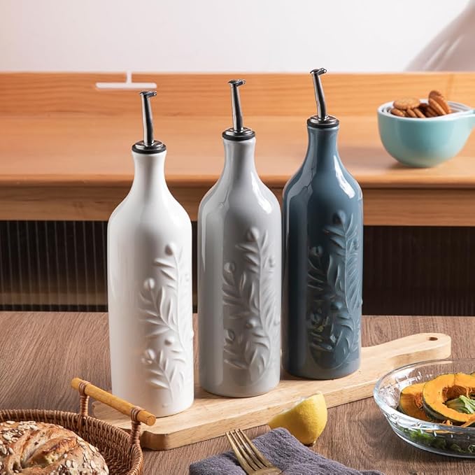 Sweejar Large Olive Oil Dispenser Bottle with Spout, 24 Oz Ceramic Oil Dispenser for Kitchen, Relief Opaque Oil Cruet, Oil Container for Cooking, EVOO, Avocado Oil, Vinegar, Pack of 1(Fog Blue)-Ruum Studio Home