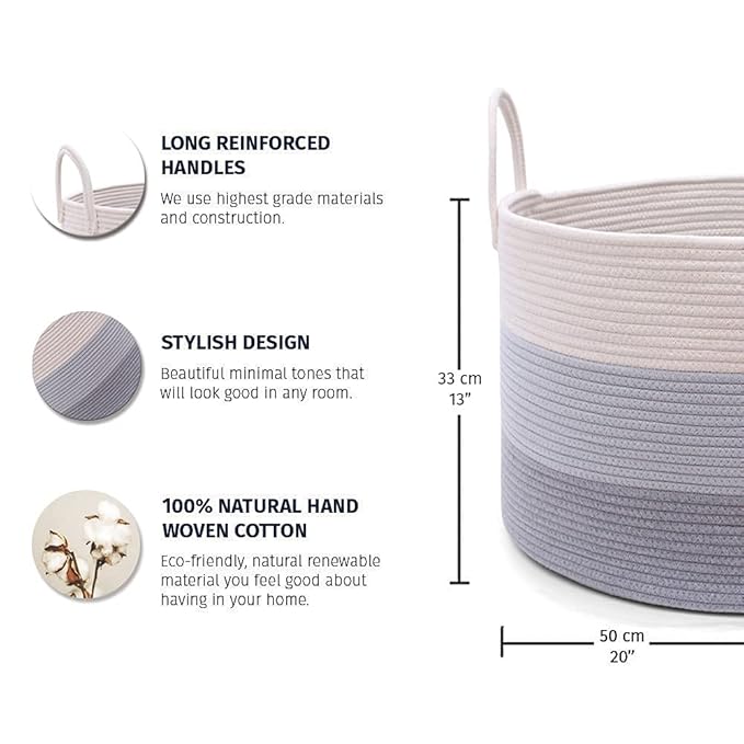 OrganiHaus Large Laundry Basket, Woven Cotton Rope Basket for Blankets, Toy Storage, Nursery Hamper, Living Room Decor Organizer, Soft & Durable Hamper with Handles, 20x13 inches - Gray-Ruum Studio Home