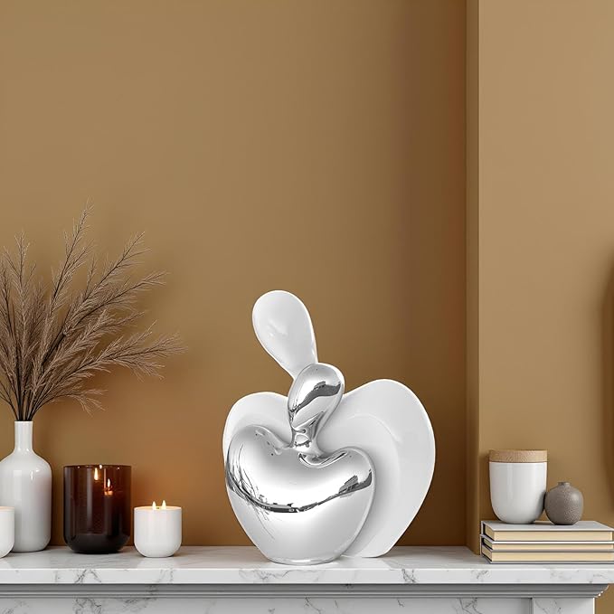 XMGZQ White and Silver Ceramic Couple Figurines Home Decor,Wedding Engagement Romantic Gift for Husband Wife,Large Male and Female Love Statue Valentine's Day Birthday,Abstract Hugging Couple-Ruum Studio Home