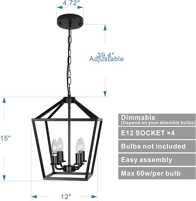 4-Light Lantern Pendant Light,Modern Industrial Black Cage Farmhouse Chandelier for Kitchen Island,12'' Rustic Metal Hanging Lighting Fixture for Dining Room Bedroom Foyer Entry Porch-Ruum Studio Home