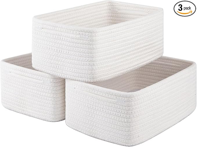 3 Pack Small Storage Baskets for Organizing, Cute Woven Decorative Gift Baskets for Shelves, Mini Closet Organizer Bins with Handles, 11.81''Lx7.87''Wx4.72''H-White-Ruum Studio Home