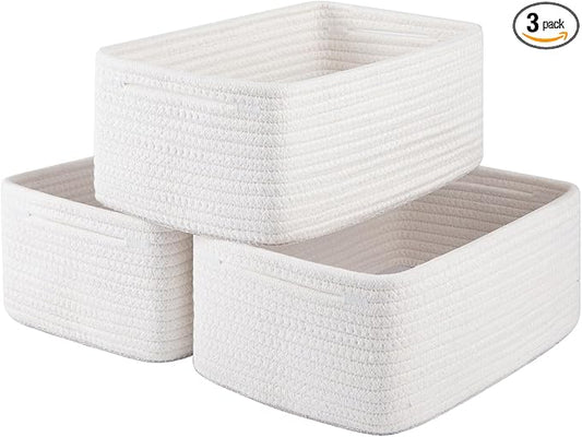3 Pack Small Storage Baskets for Organizing, Cute Woven Decorative Gift Baskets for Shelves, Mini Closet Organizer Bins with Handles, 11.81''Lx7.87''Wx4.72''H-White-Ruum Studio Home