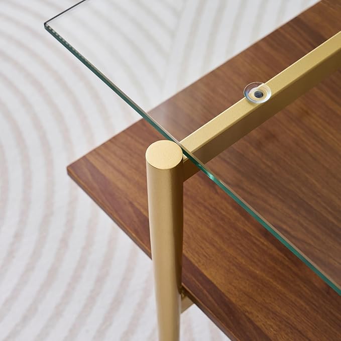 Rectangle Coffee Table, Mid-Century Modern Design, L41 W21 x H17, for Living Room, 2-Tier Structure, Clear Glass Top and Walnut MDF Shelf, Sleek Conical Metal Legs with Gold Finish-Ruum Studio Home