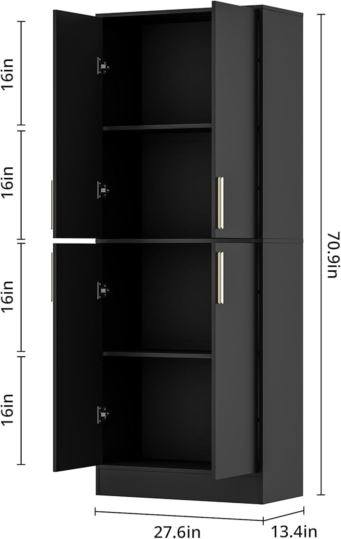 71" Tall Pantry Cabinet, 4 Doors Kitchen Pantry Storage Cabinet, Freestanding Larder Cupboard, Kitchen Hutch with Gold Handles for Dining Room, Bathroom, Black-Ruum Studio Home