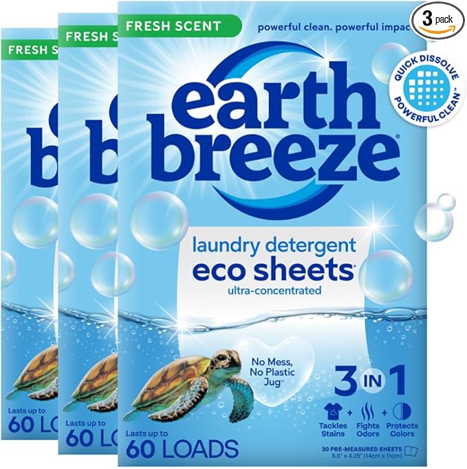 Earth Breeze Laundry Detergent Sheets Fresh Scent - 180 Loads Eco Liquidless Soap - Travel-Friendly for Hot & Cold Cycles, Tackles Tough Stains & Odors - Gentle on Skin, 90 Ct (3 Pack)-Ruum Studio Home