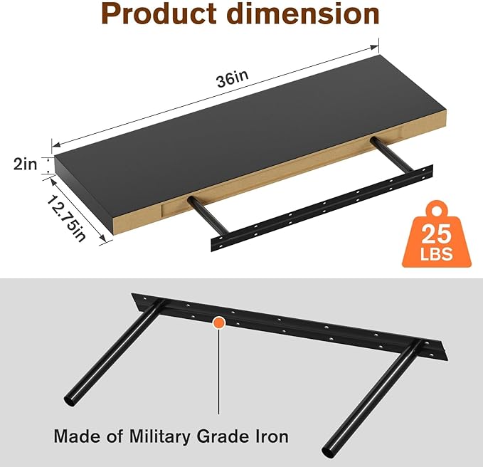 Floating Shelf, Set of 2 Wall Shelf, 36 in W x 12.75 in D x 2 in H Wooden Floating Wall Shelf with Invisible Brackets for Living Room/Bedroom/Bathroom/Kitchen Storage and Decor, Black-Ruum Studio Home