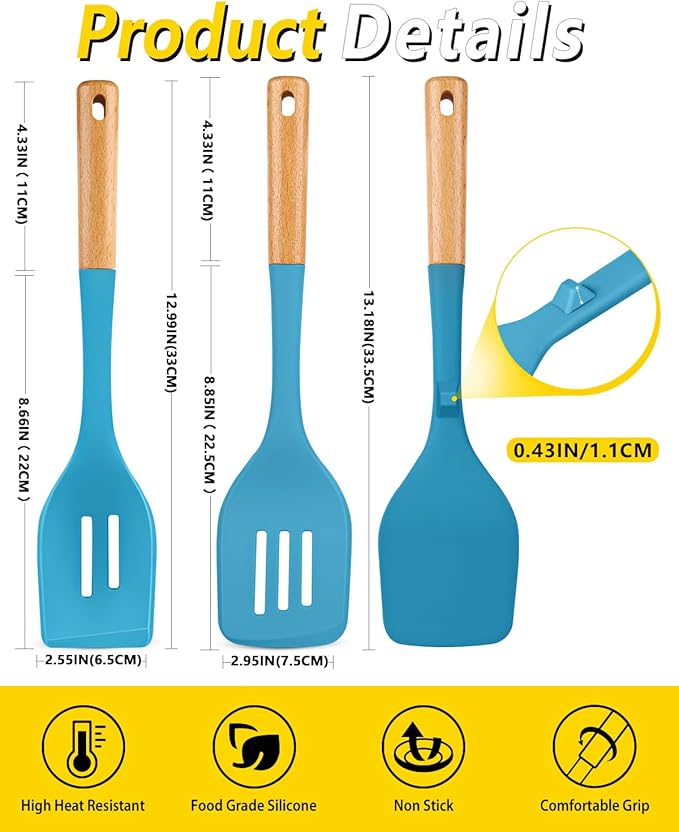 Pack of 4 Silicone Kitchen Utensils Set, Non Stick Solid Spatulas and Heat Resistant Slotted Spoons with Wooden Handle, Ideal BPA Free Cooking Utensils for Mixing,Serving,Turning,Stirring(BLUE)-Ruum Studio Home