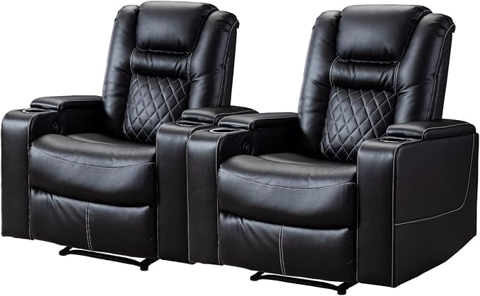 CANMOV Electric Power Recliner Chair Set of 2, Breathable Leather Home Theater Seating with Hidden Arm Storage, Power Recliner Chair for Living Room with USB Ports and Cup Holders,Black-Ruum Studio Home