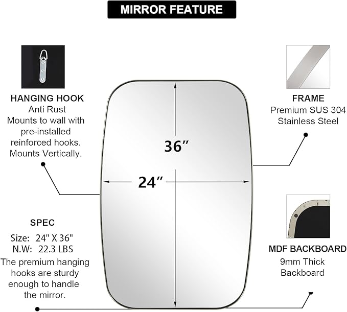 ANDY STAR Brushed Nickel Bathroom Mirror, Large 24x36’’ Brushed Nickel Metal Framed Oblong Wall Mirror, Modern Nickel Oval Vanity Mirror-Ruum Studio Home