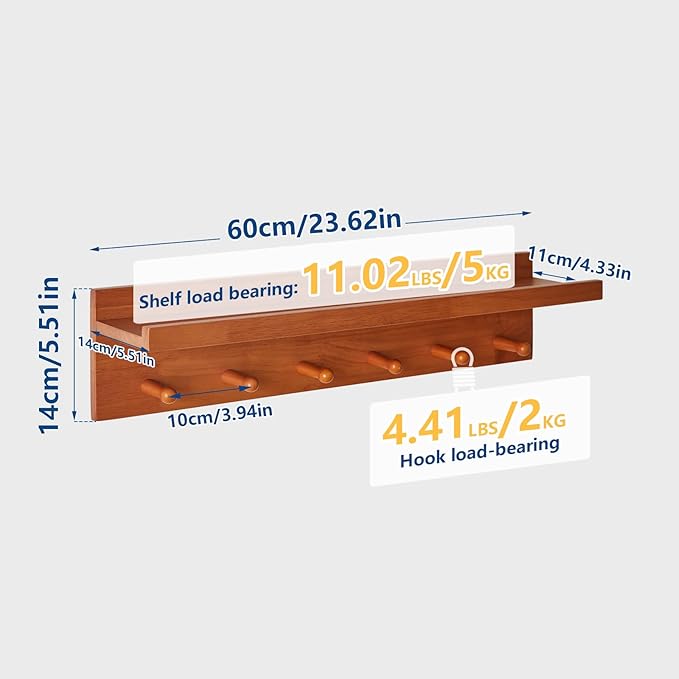 Wall Mounted Hook with Shelf,23.62in Entryway Wall Hanging Shelf,Solid Wood Coat Hooks,for Bathroom, Kitchen,Cherry Wood Color YD-WS0260C-Ruum Studio Home