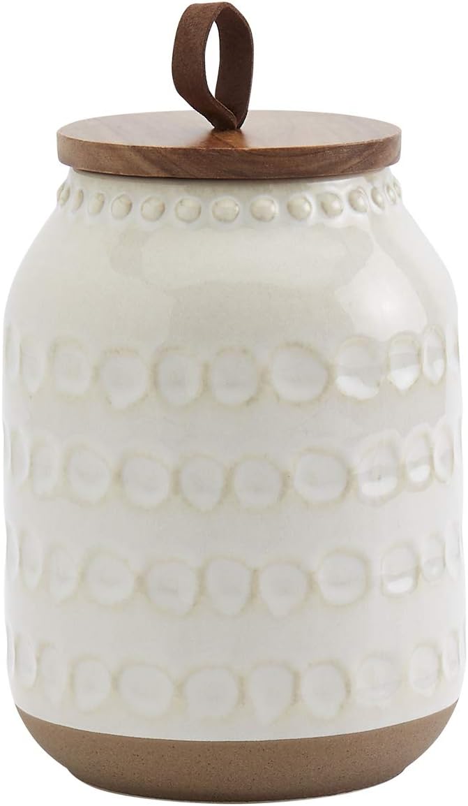 TTU Tabletops Gallery Ceramic Canister Collection- Stoneware Designed Kitchen Storage Embossed Acacia Wood White Set, 3 Piece Embossed Ziggy White Canister Set-Ruum Studio Home