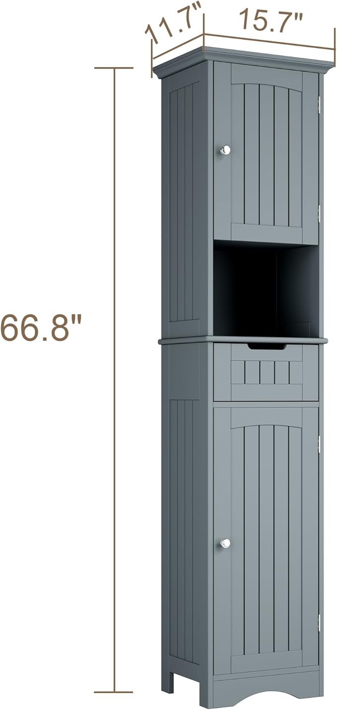 ChooChoo 67" Tall Bathroom Storage Cabinet Freestanding with Adjustable Shelves, Narrow Storage Linen Cabinet with 2 Doors and 1 Drawers for Bathroom, Living Room, Kitchen, Grey-Ruum Studio Home