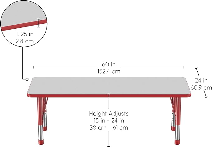 FDP Rectangle Activity School and Classroom Kids Table (24 x 60 inch), Chunky Toddler Legs, Adjustable Height 15-24 inches - Gray Top and Red Edge-Ruum Studio Home