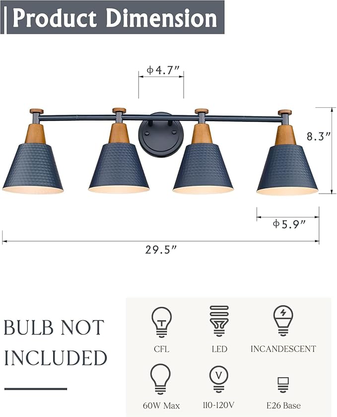 FEMILA 4-Light Bathroom Light Fixtures, Farmhouse Modern Vanity Lights Wall Lamp with Hammered Metal Shade Finish, Dark Blue, 4FG59B-4W Blue-Ruum Studio Home