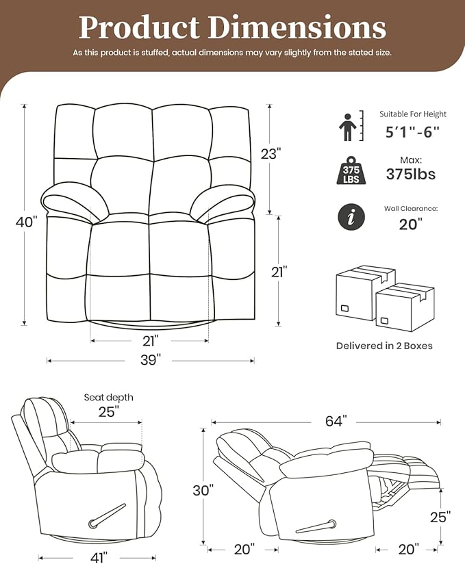 Oversized Recliner Chair Manual Swivel Rocker Recliner for Living Room Chenille Overstuffed Nursery Reclining Sofa Chair Rocking Recliners for Adults 400lbs (Manual, Beige)-Ruum Studio Home